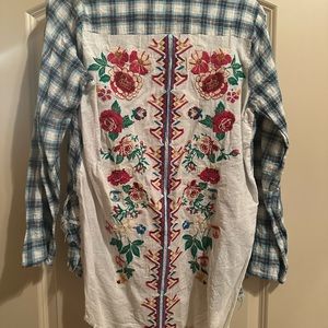 Embroidered plaid cotton linen button down boutique shirt